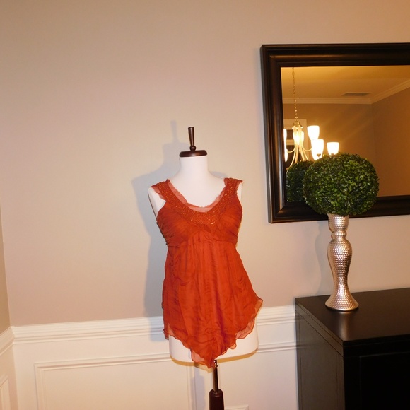 Rust Silk Beaded Tank Top - S - BRAND NEW - Picture 3 of 7